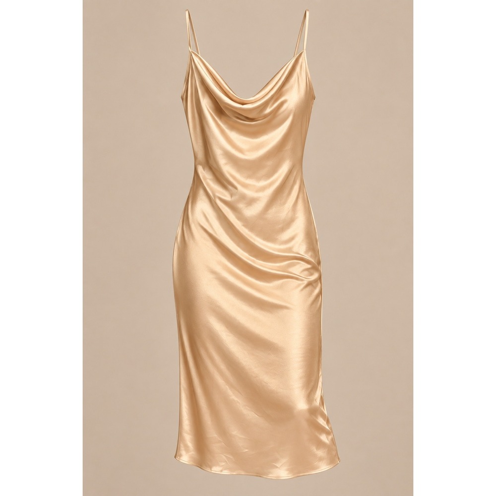 Bebe Womens Midi Dress S Champagne Satin Cowl Neck Spaghetti Strap Slip Dress
